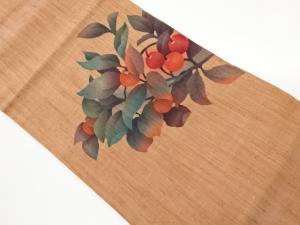 手織り紬枝葉に果実模様名古屋帯